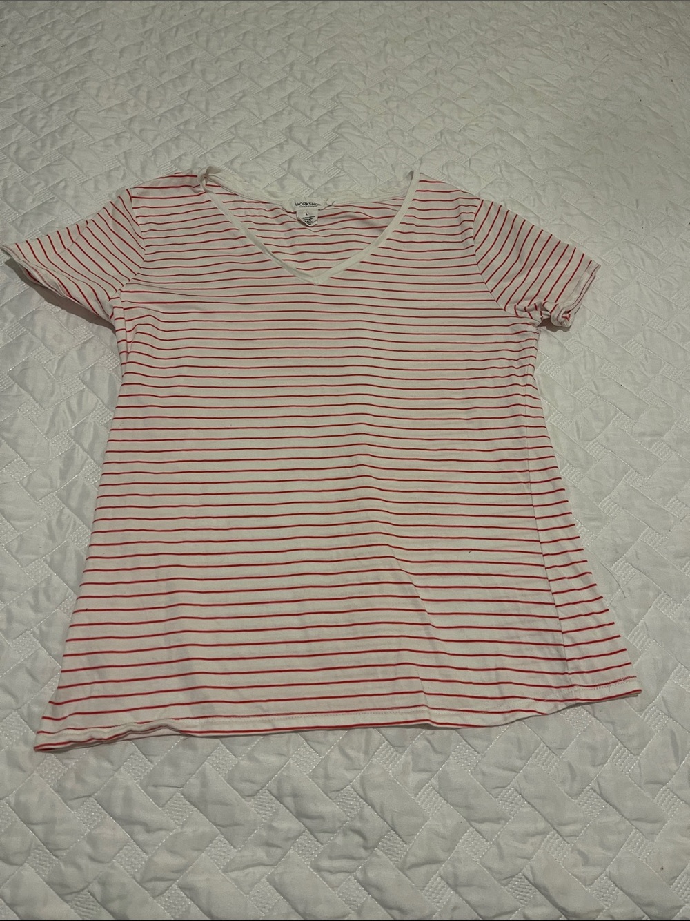 Workshop Republic Clothing White V-Neck Tee with Red Stripes